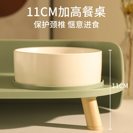 Ceramic cat bowl, pet food bowl, cervical vertebra protection, cat food bowl, dog rice bowl and drinking water bowl, integrated anti-knock over cat water bowl, mint green + placemat, high-legged ceramic double bowls (priority delivery for collection and purchase)