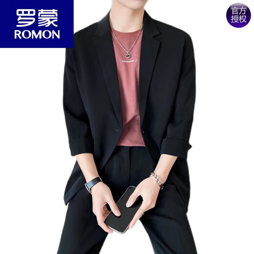 ROMON Summer Thin Casual Three-quarter Sleeve Suit Boys' Sexy and Handsome Small Suit with Mid-Sleeves Street-Friendly Nine-Point Pants Suit Green Suit + Pants S