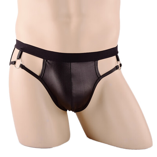 Ye Zimei men's patent leather briefs sexy open crotch hollow thong men's sexy underwear wide edge metal ring 4128 one size