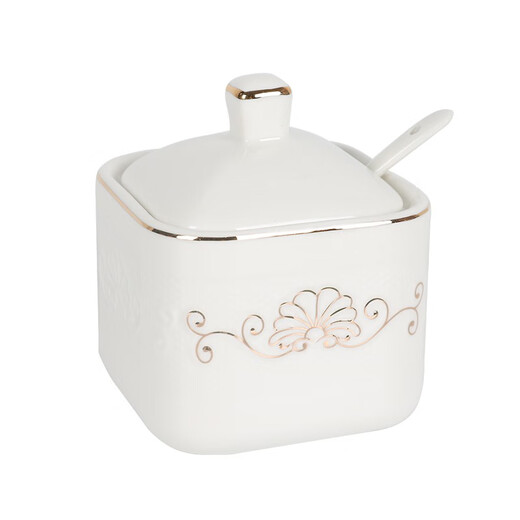 JUNYING household seasoning jar ceramic seasoning jar craft salt shaker with lid three-piece set seasoning box restaurant seasoning utensils square gold 1 jar + 1 lid + 1 spoon