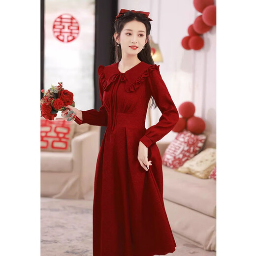 Pierre Cardin Autumn and Winter New Return Engagement Dress Dress Slimming Burgundy Bridal Toast Wear Can Be Weared at Daily Burgundy L Recommended 100-120 Jin Jin equals 0.5 kg