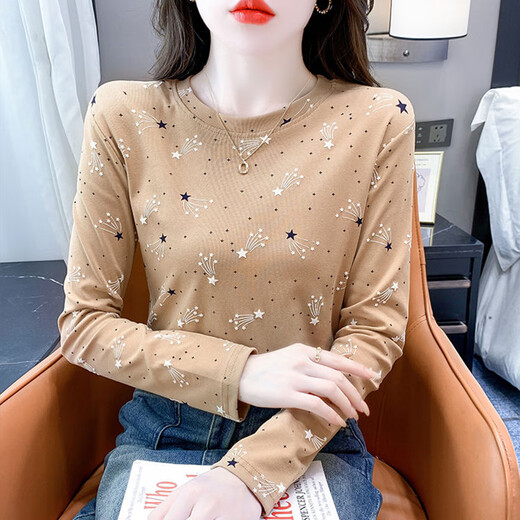 Red Dragonfly Algodón de algodón puro Camisa de base estampada para mujeres Autumn de manga larga Nueva tapa de camiseta redonda versátil y de cuello redondo DD1396# (Caki) L de manga larga L [sugerido 106-120Jin [Jin equivale a 0.5 kg]]