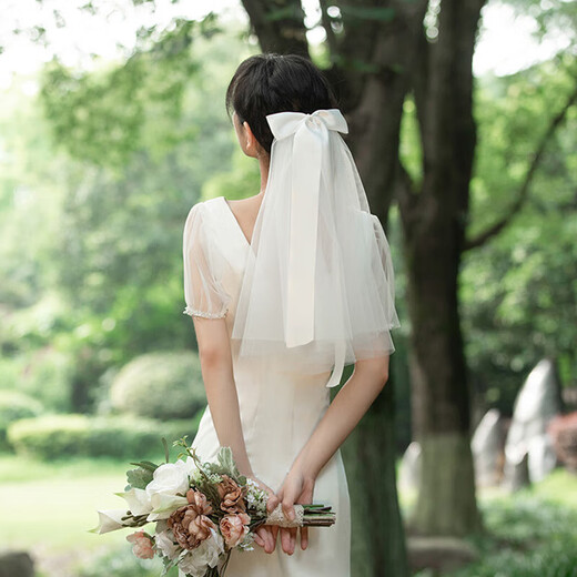 Crystal Bridal Veil Proposal and Certificate Marriage Registration Wedding Dress Headdress Bow Double-layer Mesh Wedding Photo Props