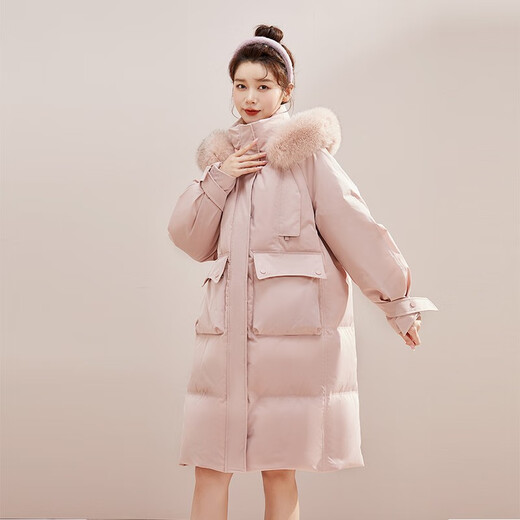 Snow Fly [Cheng Yi recommended] Fashionable fox fur collar cross ribbon warm big fur collar windproof women's down jacket Light velvet powder 1591 XS 155/80A