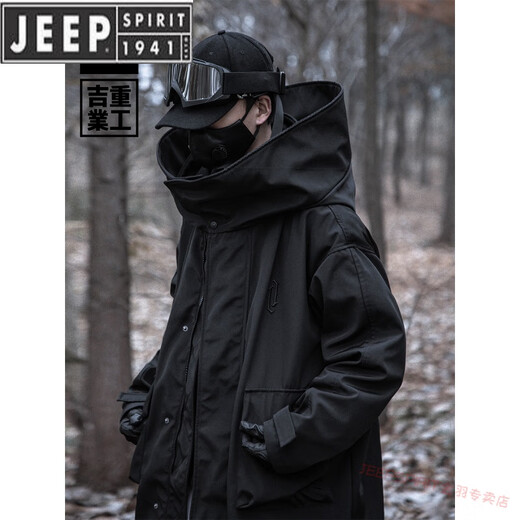 JEEP SPIRIT style high collar hooded windbreaker jacket three-dimensional large pockets mid-length assault jacket work jacket black cotton L (130-160Jin Jin equals 0.5kg)