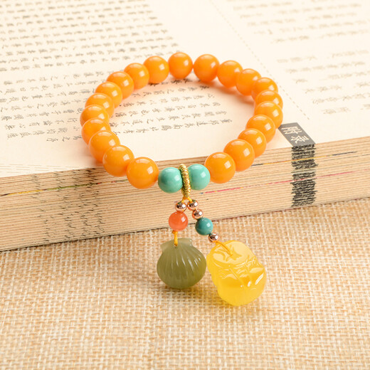 Her generation beeswax bracelet amber chicken fat yellow Pixiu jade shell bracelet birthday with certificate 8MM beeswax (866003)