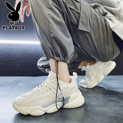 花花公子（PLAYBOY）老爹鞋男鞋2025夏季鞋子男士休闲鞋男厚底增高透气运动鞋 米色 41