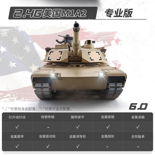 恆龍德国虎式金属遥控坦克汽车模型合金战车儿童玩具发射冒烟声效男孩 美式M1A2 专业版（金属） 7000毫安电池（行驶2小时左右）