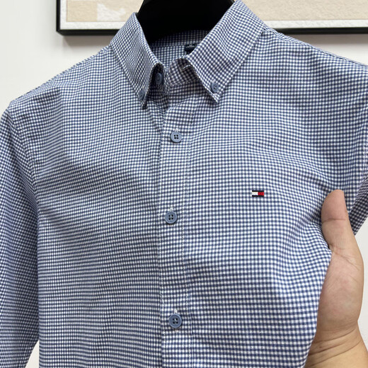 TOME BORNEK American Tome Tommy long-sleeved shirt men's new business casual pure cotton plaid non-iron shirt trendy long-sleeved blue plaid pure cotton L suitable for 125-140Jin Jin equals 0.5 kg to wear
