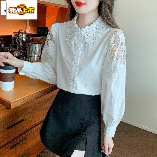 初径刺绣棉衬衫女2025年秋装新款时尚绣花白色衬衣宽松百搭长袖上 CY9227 黑色 L 【建议111-120斤】