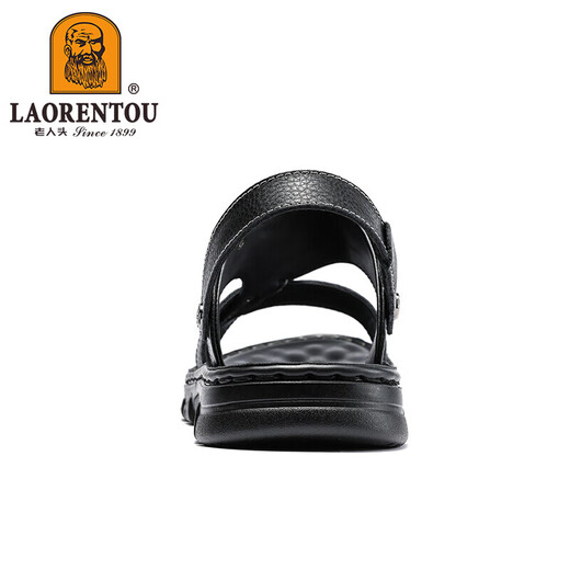 老人头（LAORENTOU）沙滩鞋男拖鞋头层牛皮荔枝纹鞋拖两用户外凉鞋 LT12033 黑 38