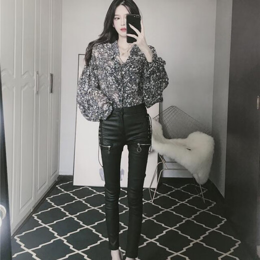 费迈博网红女裤秋冬韩版紧身绑带拉链加绒皮裤高腰外穿铅笔小脚裤 加绒 系带皮裤9921款 S 80-95斤卡码建议往大拍