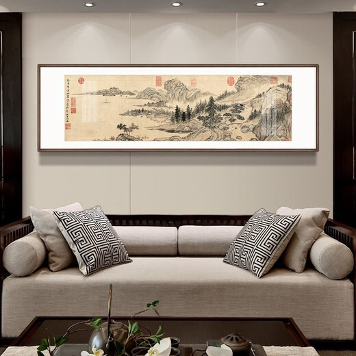 Wanyi Fuchun Mountain Residence Picture, Traditional Chinese Painting, Landscape Painting, High-end New Chinese Style Living Room Decoration Painting, Scenery Sofa Background Wall, Office Calligraphy and Painting, Tea Room Hanging Painting, Backer Picture, Lucky Drawing, Ink Mural, Visiting Friends with Piano Picture, 65*205cm (cardboard finely mounted, plexiglass, walnut color frame)