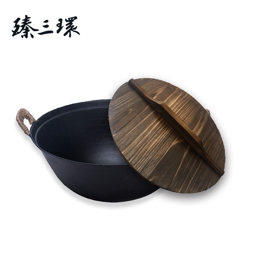 Zhensanhuan cast iron pot, wok, stew pot, soup pot, uncoated, non-stick wok, old-fashioned pot, thick bottom, thin edge pot set, 36cm wok + shovel + wooden lid, 3-piece set