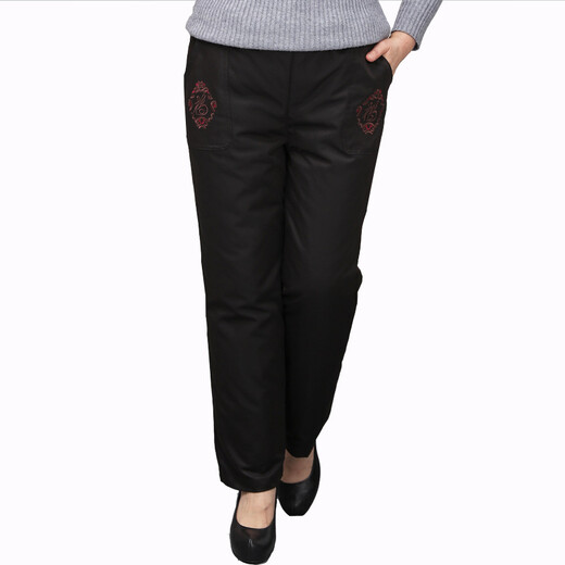 Conwhd large size down pants for women outer wear high waist loose straight winter thick 90% white duck down removable liner mother red flower black 3XL (2 feet 6-2 feet 7)