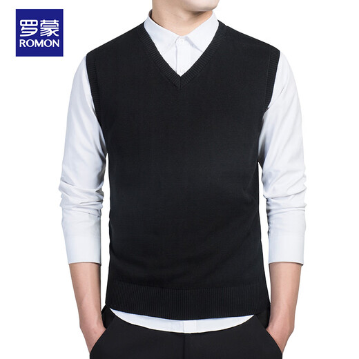 Romon vest men's vest spring and autumn pure cotton pullover V-neck sweater vest daddy sweater men MJ89 black 2XL