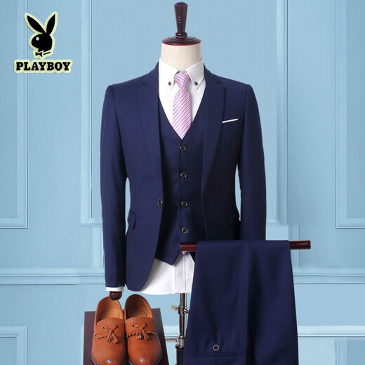 Playboy Winter Suit Men's British Lang Wedding Suit Slim Three-piece Business Formal Casual Suit Black S