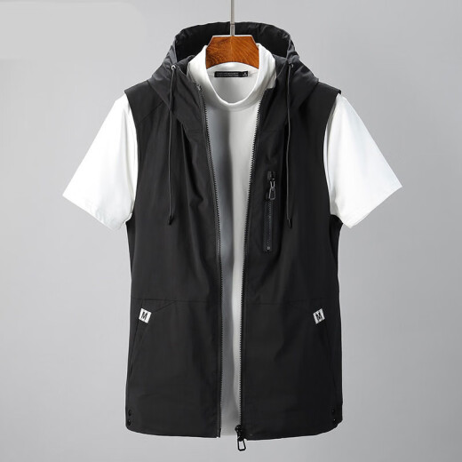 RUNNINGHIGH boutique D fashion quality regular vest men's spring and autumn vest Korean style trendy youth vest sleeveless jacket hooded vest thin new black L recommended 120-130Jin [Jin equals 0.5 kg]
