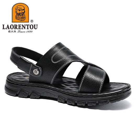 老人头（LAORENTOU）沙滩鞋男拖鞋头层牛皮荔枝纹鞋拖两用户外凉鞋 LT12033 黑 38