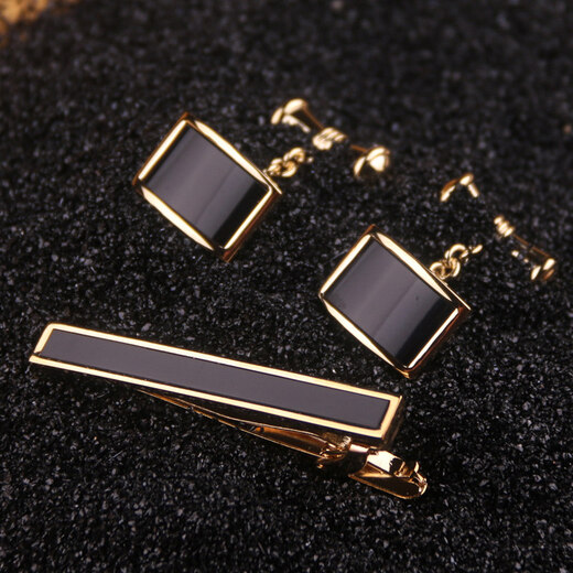 kt 男士领带夹袖扣套装衬衫正装礼盒袖钉领带夹商务韩版礼盒装 金色玛瑙套装