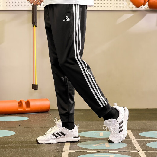 adidas 阿迪达斯运动裤束脚裤宽松直筒裤经典三条纹休闲裤健身运动长裤 【透气款】黑白-直筒裤  L 推荐:175-180cm