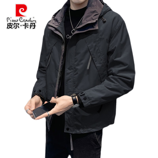 Pierre Cardin 2025 new autumn and winter versatile plus velvet jacket men's casual hooded cotton coat work jacket black-plus velvet style M