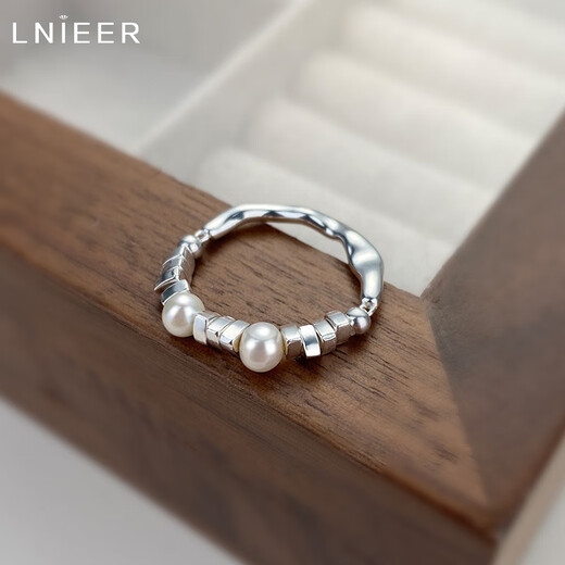 LnieerS925 Silver Broken Silver Pearl Ring Women's Light Luxury Niche Design Ring Index Finger High-Quality Ring Ring Broken Silver Pearl Ring (Size Adjustable)