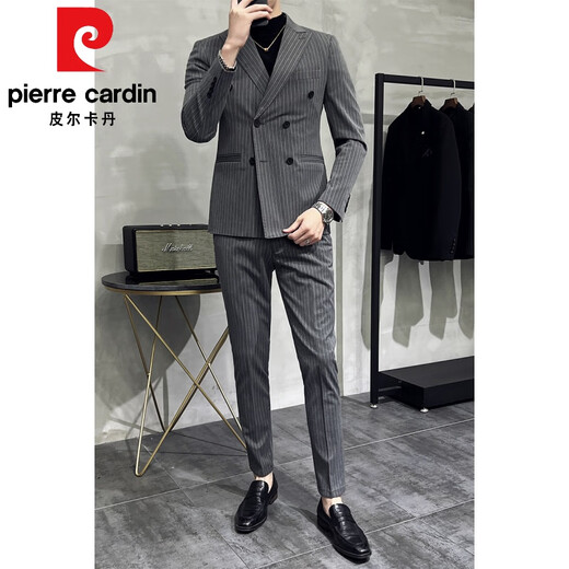 Pierre Cardin fashion brand double-breasted suit men's suit wedding business casual formal dress two-piece striped suit jacket gray 52/XL
