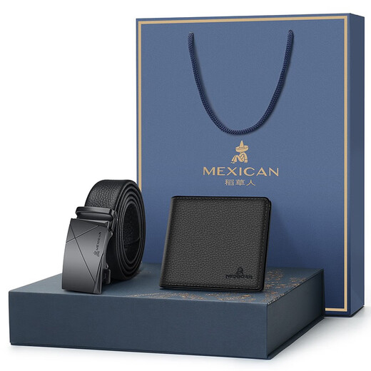 Vogelscheuchen Brieftasche Männer Geschenkbox Set Gürtel Kopfschicht Cowide Belt Wallet für den Geburtstagsgeburtstag des Freundes Neujahrsgeschenk Schwarz ein Stil