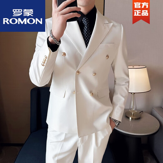 ROMON British suit double-breasted business suit men's Korean version slim solid color casual metal buckle suit spring and autumn black single suit L