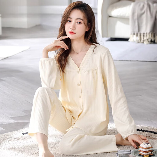 莫代尔睡衣女春秋款纯棉长袖2025年新款开衫秋款薄款大码秋冬妈妈家居服 9276 M (建议穿着体重80-100斤)