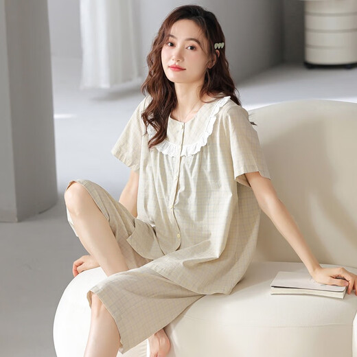 
Yunzhi pajamas for women in summer woven pure cotton cropped sleeves trousers middle-aged mother summer thin women's home clothing suit 5012-Genting yellow XL (170): Recommended 120-140Jin [Jin equals 0.5 kg] to wear