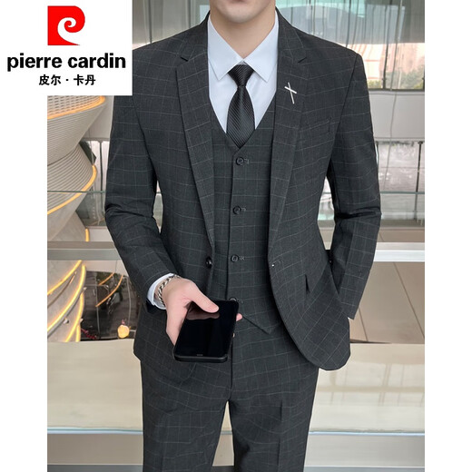 Pier Cardin Plaid Traje Juego de bodas Masculino Masino Vestido del novio del novio Slim Style Corean Casual Chaqueta Oficial Gris [traje + chaleco + pantalones + camisa] Regalo XL