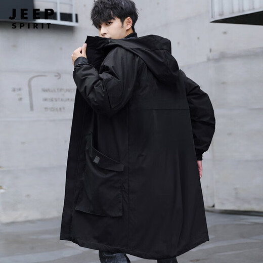 JEEP SPIRIT spring and autumn mid-length windbreaker men's cloak loose jacket plus fat plus size coat fat man hooded trendy thickened black quilted and thickened 6XL