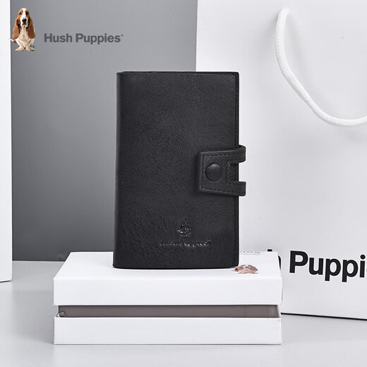 Hush Puppies key bag men's key bag key chain multi-functional top layer cowhide large capacity storage bag card bag two-in-one black