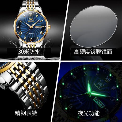 欧利时（OLEVS）瑞士认证品牌手表男机械表夜光防水全自动男士手表商务父亲节礼物 OLEVS-6630-钢带间蓝