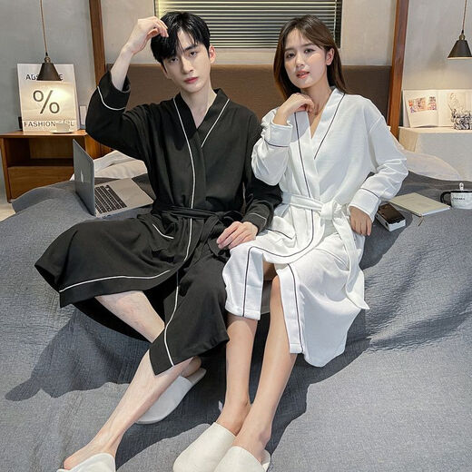 Catman (MiiOW) waffle high-end bathrobe couples solid color nightgown spring and autumn summer universal long-sleeved integrated bathrobe ZBB-2229 black men XL _125-150Jin [Jin equals 0.5 kg]
