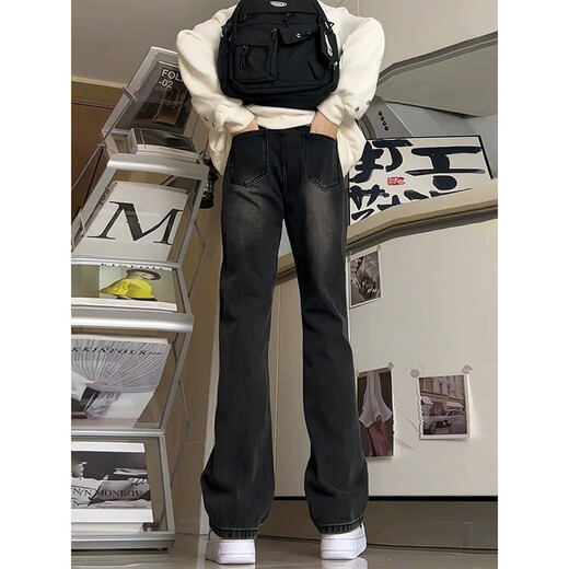MASFANY弯刀微喇牛仔裤男夏季美式港风高街加绒修身显瘦直筒长裤子男装 MA719黑色 S