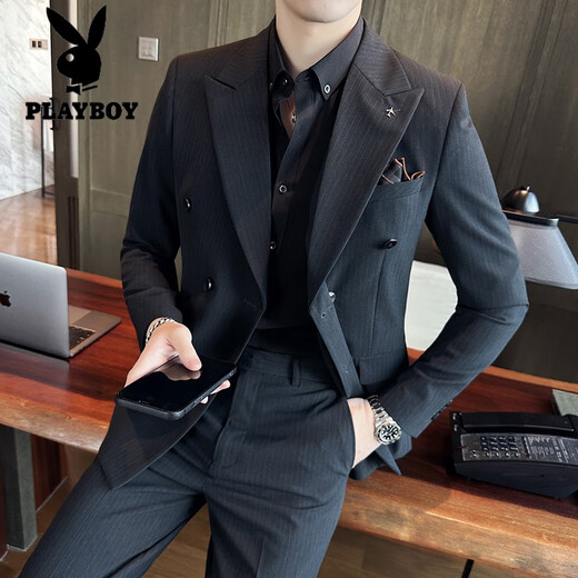 Playboy wedding suit men's high-end 2025 new business men's double-breasted casual wedding suit jacket dark green XL recommended 140Jin Jin equals within 0.5kg