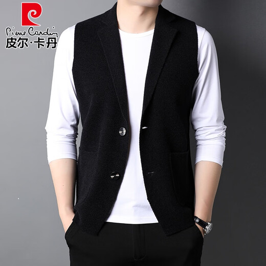 皮尔卡丹（pierre cardin）春秋季翻领纯色开衫毛衣男西装领背心双面绒毛马甲抓绒针织衫马夹 咖啡色 175/L