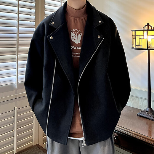 GQWWQX woolen windbreaker jacket for men in autumn and winter thickened yuppie Korean fashion brand loose short woolen coat off-white L