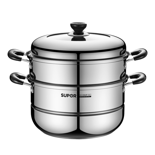 SUPOR steamer 304 stainless steel household high arch cover steamer two-layer double-layer thickened bottom gas induction cooker universal pot 30CM with dish clamp + steaming cloth