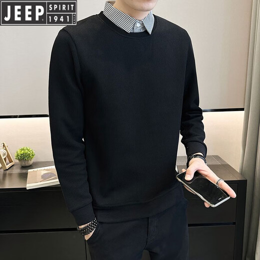 吉普（JEEP）衬衫领卫衣男2025新款秋季潮流修身假两件套头上衣打底针织T恤 友谊9893 白色 M 90到105斤