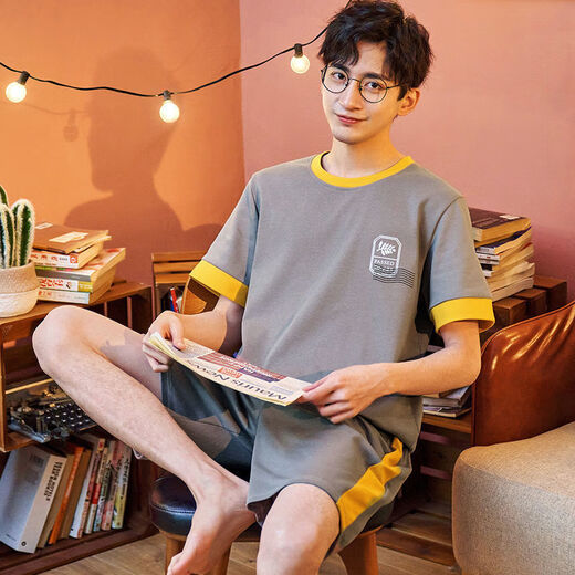 Shemengduo Summer Men's Pajamas Men's Summer Cotton Plus Fat Plus Size Summer Home Suit Short Sleeve Youth Korean Style Thin Half Sleeve 9928# (Short Sleeve Shorts) L 95Jin[Jin Equal to 0.5kg]-125Jin[Jin Equal to 0.5kg]