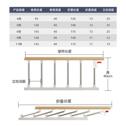 Beeio no-punch bed fence for the elderly, bedside guardrails for paralyzed patients, stainless steel, anti-fall, foldable bed guardrails, wood grain stainless steel + 6 levels + 3 bases / no punching