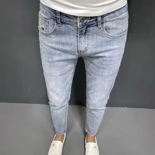 xcfreht潮流刺绣牛仔裤男韩版休闲弹力百搭修身小脚裤潮牌高端浅色九分裤 亿牛9930蓝色加绒加厚 29