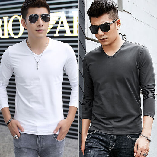 Shanshili 2-piece long-sleeved t-shirt men's v-neck solid color thin black trendy autumn clothes slim bottoming shirt spring and summer V-neck black V-neck black XL 108-125Jin Jin equals 0.5 kg