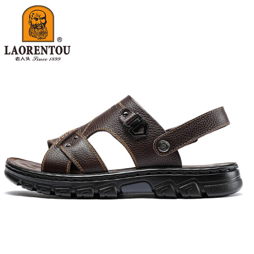 Old Man's Head (Laorentou) Chaussures de plage Chaussures de pantoufles pour l'orteil de vache de vache de vaches de vache deux sandales extérieures LT12033 Brown 43