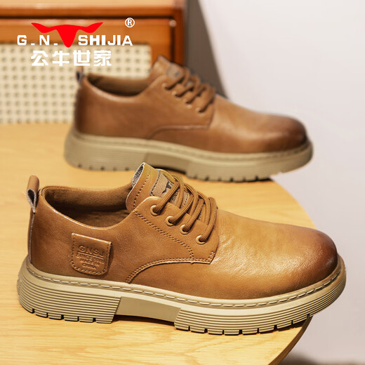 Chaussures pour hommes de la famille Bull printemps et automne 2025 Nouvelles chaussures à tendance à la tendance pour hommes épaisses chaussures en cuir décontractées britanniques pour hommes basses de travail masculin Martin Broots jaunes [Four Seasons Single Shoes] GN12310A126 41 (Taille de chaussures de sport)