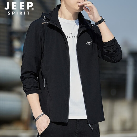 JEEP SPIRIT sun protection clothing men's summer ice silk thin breathable jacket men's removable hood high elastic sports fishing sun protection clothing black L